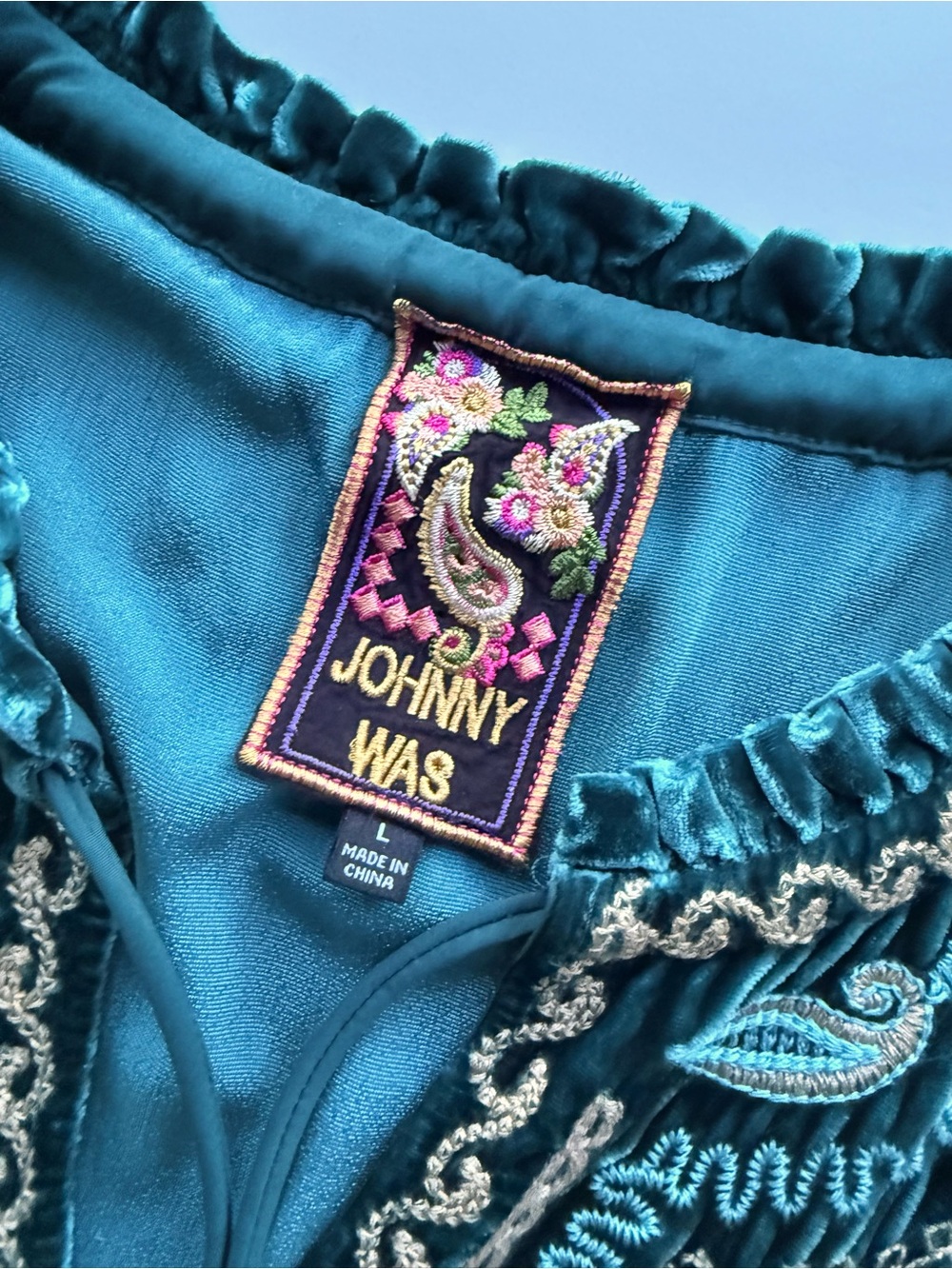 Johnny Was Shira Velvet Field Blouse Peacock Teal Blue Green L $348 - Picture 9 of 15